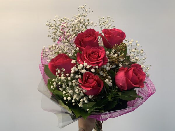 Half Dozen Pink Floyd Rose bouquet with accents
